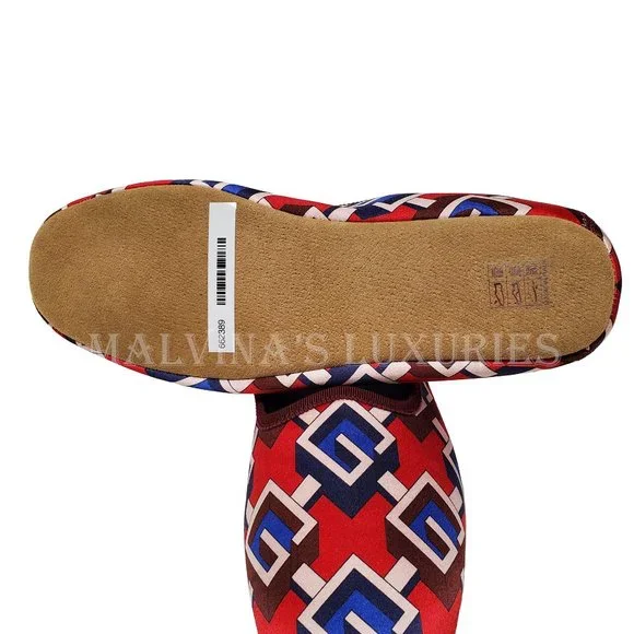 GUCCI SHOES GEOMETRIC G LOGO RED BLUE WHITE SATIN SLIPPER sz 39 9 US